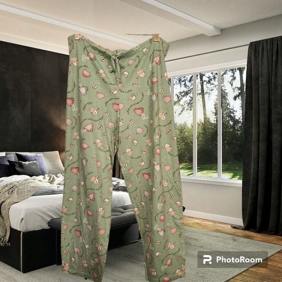 Women's Bass Pajama Set LS Coffee Theme Green Size Large Preowned - Picture 5 of 8